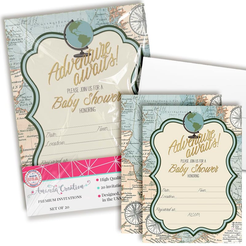 Amanda Creation Adventure Awaits World Traveler Gender Neutral Baby Shower Invitations, 20 5x7 Fill In Cards with Twenty White Envelopes by AmandaCreation - Image 1